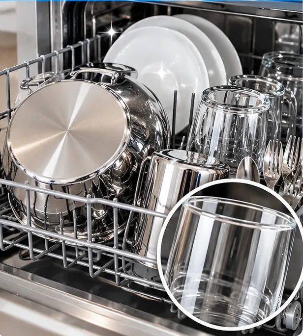 After softening: Glasses rinse clear and steel dries with a shine.
