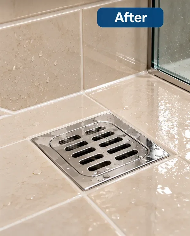 After softening: Tiles and grate rinse clean and the grout keeps its colour.