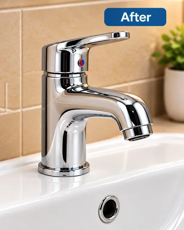 After softening: Chrome stays bright and the basin wipes clean with a cloth.