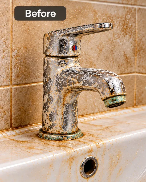 With hard water: Chalky crust and rust-brown streaks on the chrome, the basin rim and the tile grout.