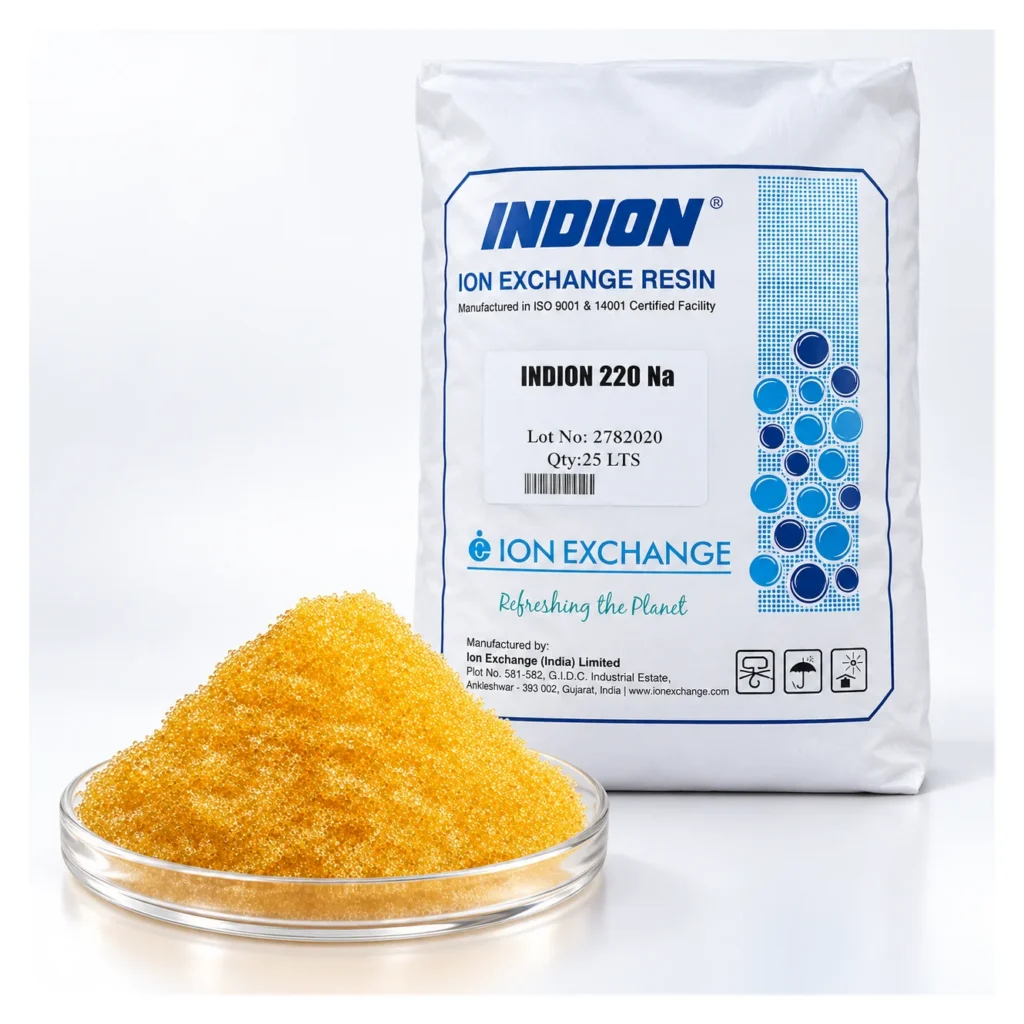 INDION 220 Na ion-exchange resin: 25 litre bag and a dish of golden resin beads