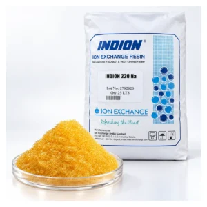 INDION 220 Na ion-exchange resin: 25 litre bag and a dish of golden resin beads