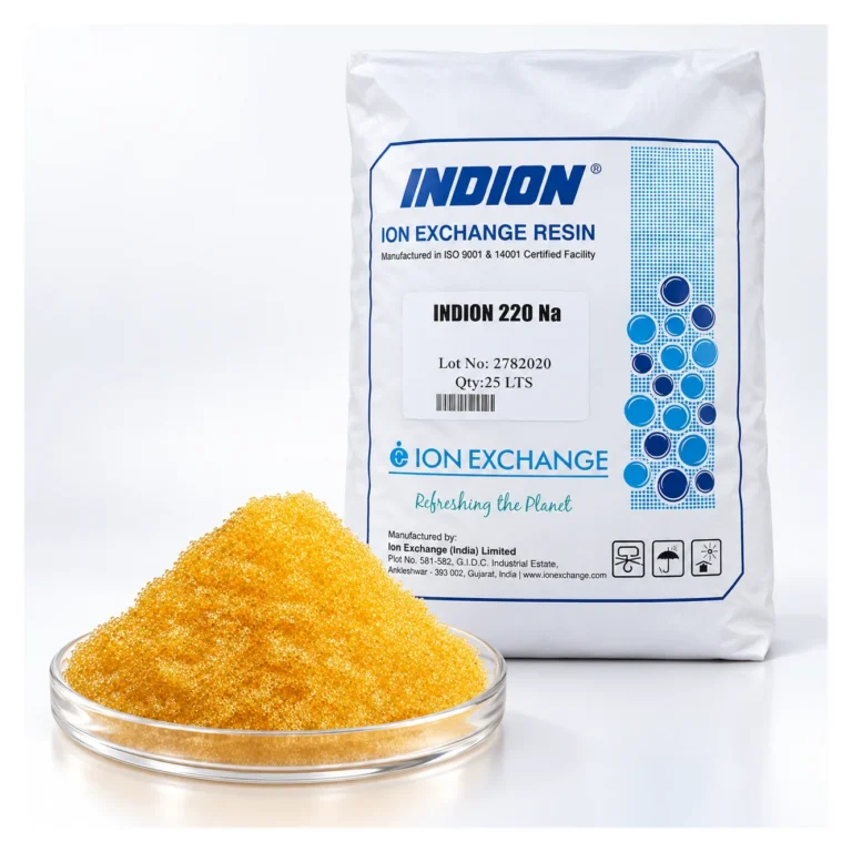 INDION 220 Na ion-exchange resin: 25 litre bag and a dish of golden resin beads
