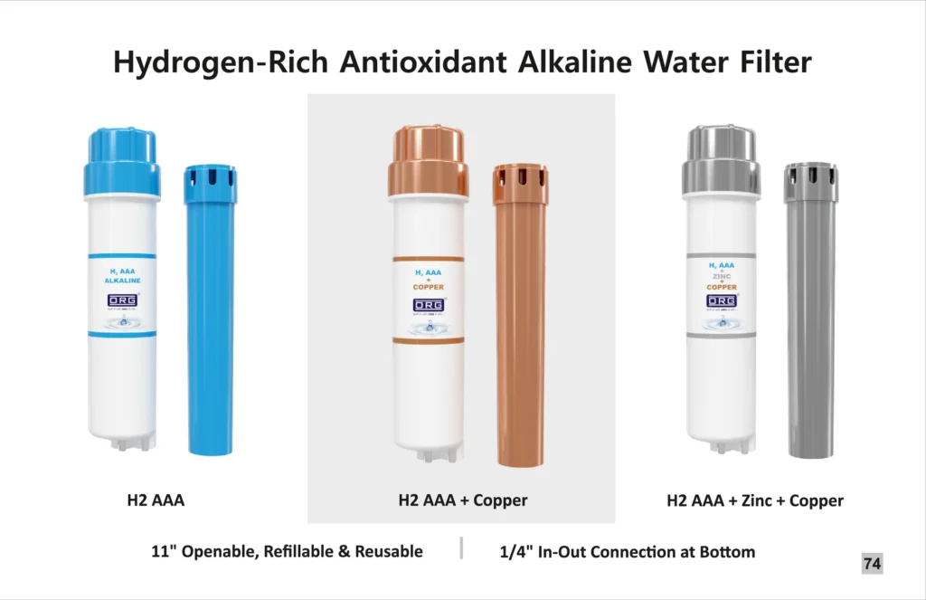 ORG catalogue page: hydrogen-rich antioxidant alkaline water filters, 11-inch