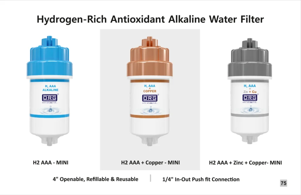 ORG catalogue page: hydrogen-rich antioxidant alkaline water filters, 4-inch mini