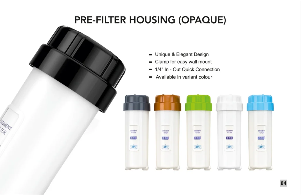 ORG catalogue page: opaque pre-filter housing and colour range