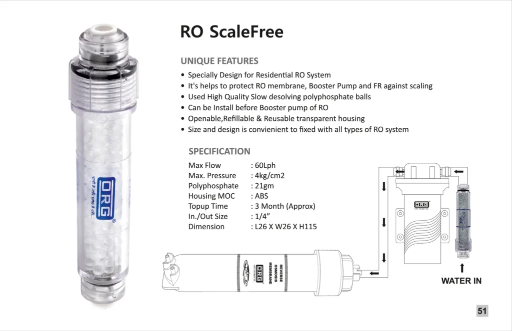 ORG catalogue page: RO ScaleFree specification and installation diagram