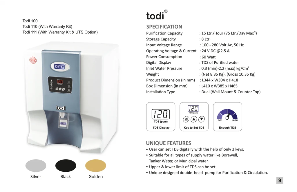 ORG catalogue page: todi 100 specifications and colours