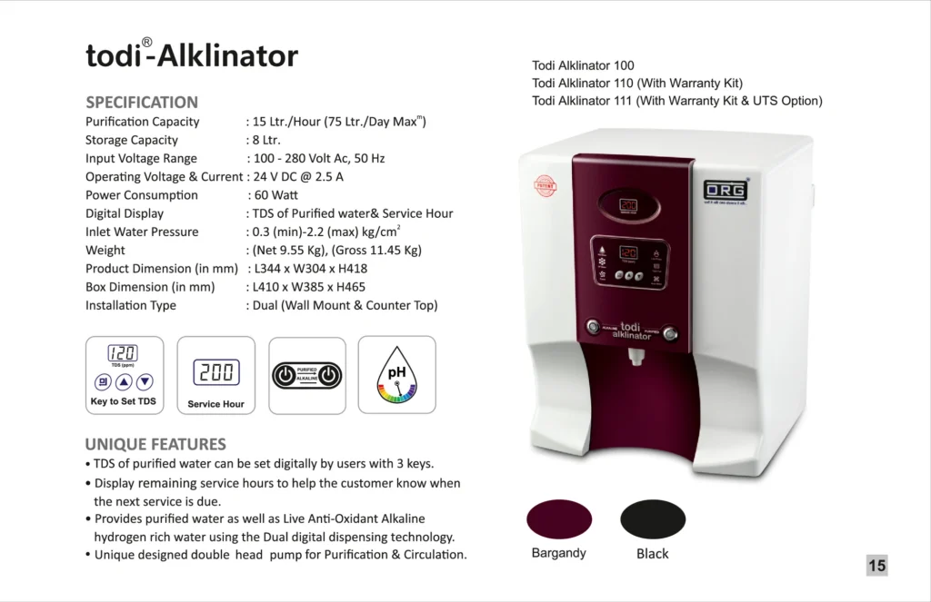 ORG catalogue page: todi Alkalinator specifications and features
