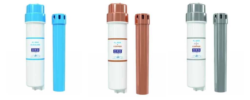 ORG 11-inch H2 alkaline filters: AAA (blue), AAA + copper and AAA + zinc + copper, each with its refill