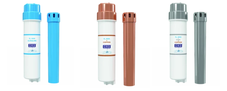 ORG 11-inch H2 alkaline filters: AAA (blue), AAA + copper and AAA + zinc + copper, each with its refill