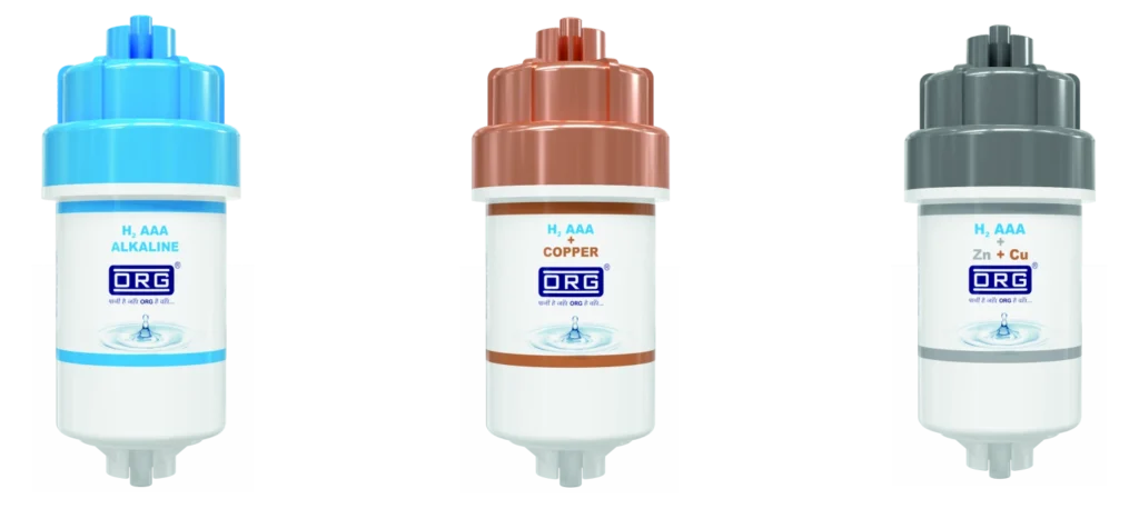 ORG 4-inch H2 mini alkaline filters in blue, copper and grey