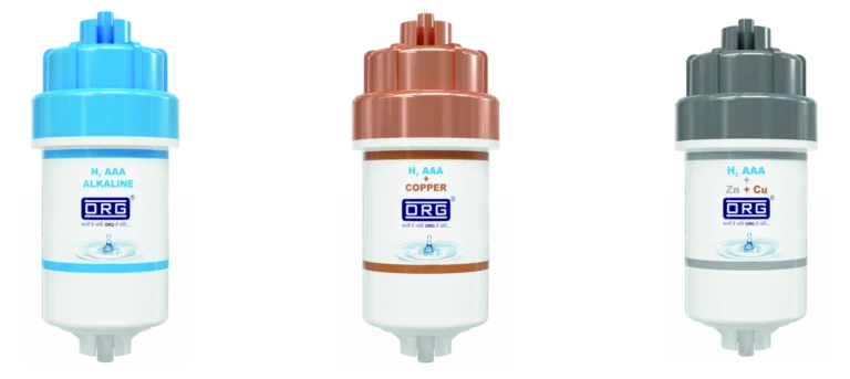 ORG 4-inch H2 mini alkaline filters in blue, copper and grey