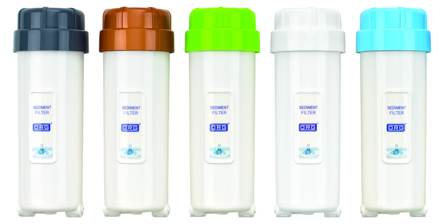 ORG opaque pre-filter housings with grey, copper, green, white and sky-blue caps