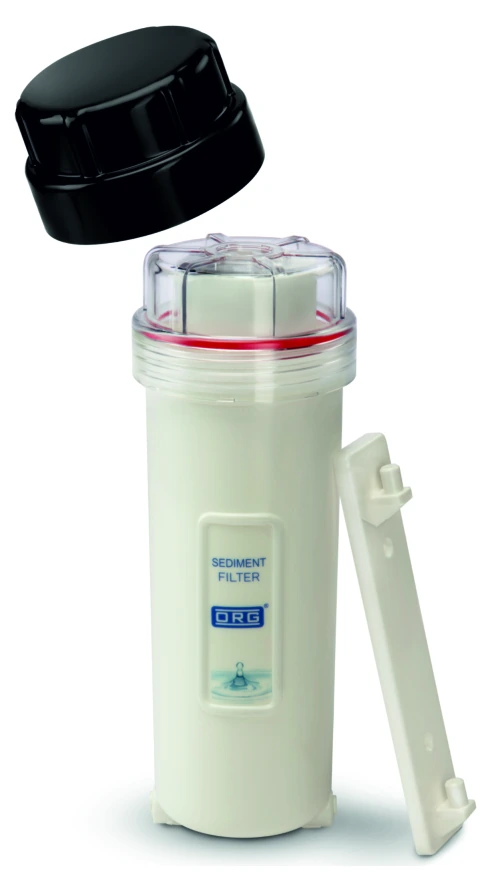 ORG transparent pre-filter housing with black cover and wall clamp