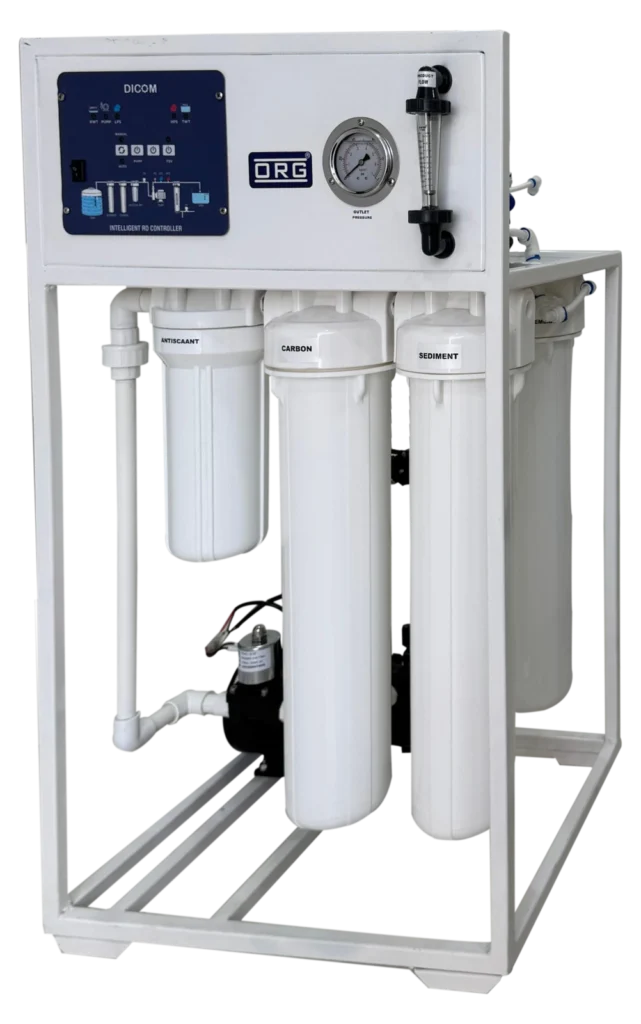 ORG 100 LPH commercial RO plant on a frame with control panel, gauge, filter housings and booster pump
