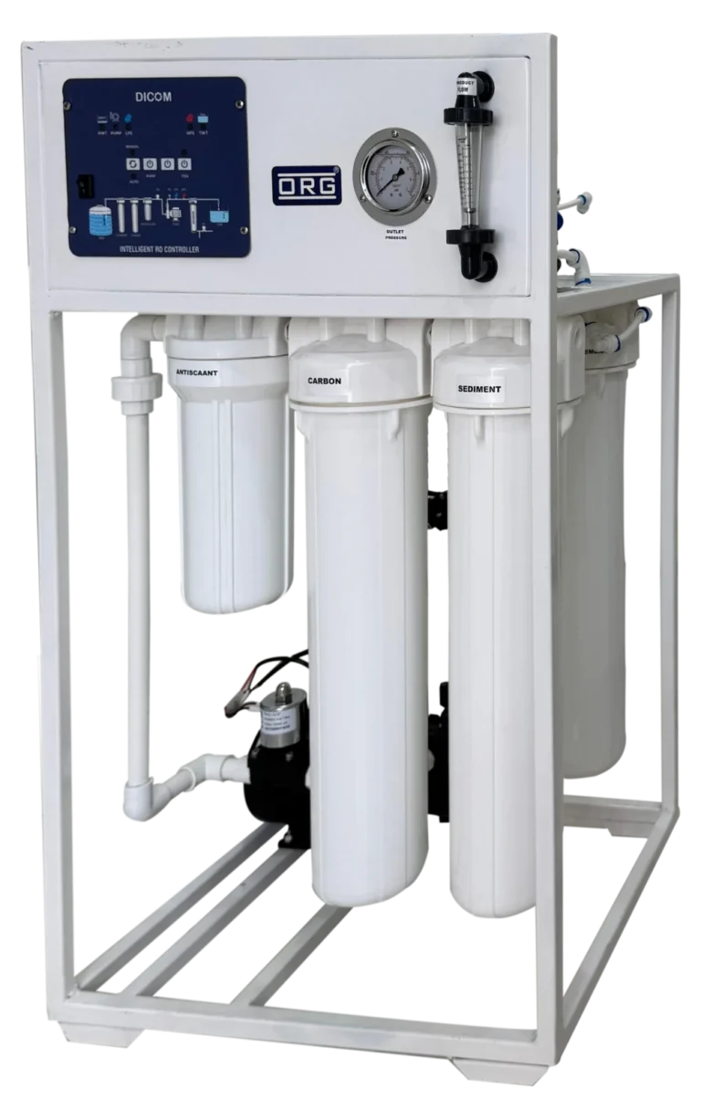 ORG 100 LPH commercial RO plant on a frame with control panel, gauge, filter housings and booster pump