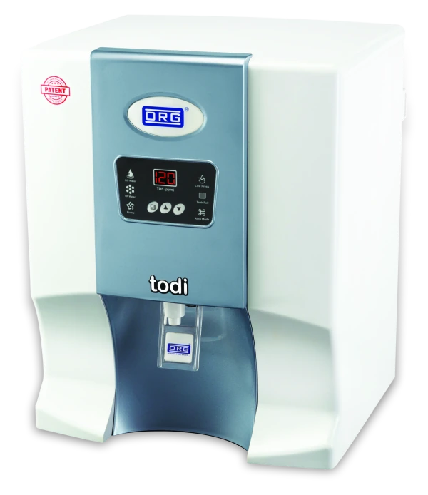 ORG todi 100 RO purifier with a silver front panel and TDS display