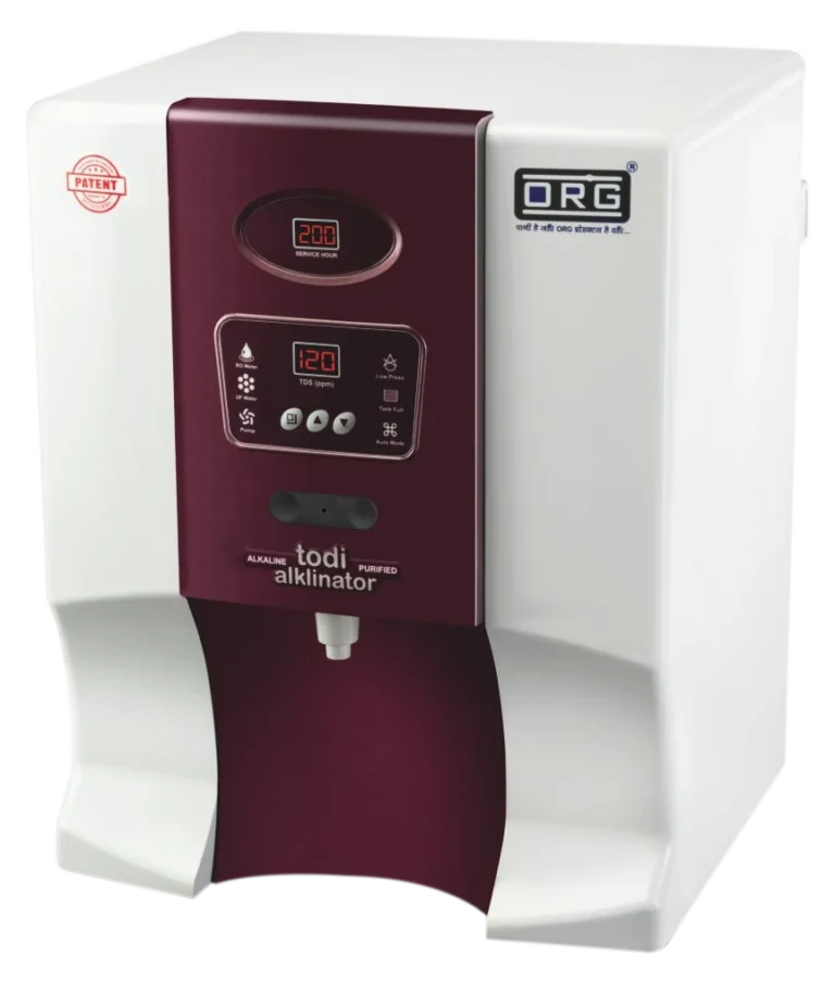 ORG todi Alkalinator purifier in burgundy with purified and alkaline dispensing