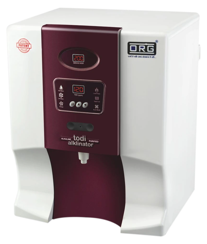 ORG todi Alkalinator purifier in burgundy with purified and alkaline dispensing