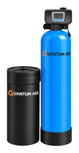 Quantum AGI automatic water softener: blue FRP vessel with a digital control valve beside a black brine tank, both with the Quantum AGI logo