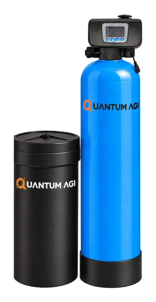 Quantum AGI automatic water softener: blue FRP vessel with a digital control valve beside a black brine tank, both with the Quantum AGI logo
