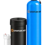Quantum AGI automatic water softener with a white sediment pre-filter housing, black brine tank and blue FRP vessel
