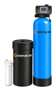 Quantum AGI automatic water softener with a white sediment pre-filter housing, black brine tank and blue FRP vessel