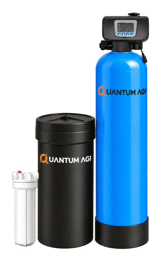 Quantum AGI automatic water softener with a white sediment pre-filter housing, black brine tank and blue FRP vessel