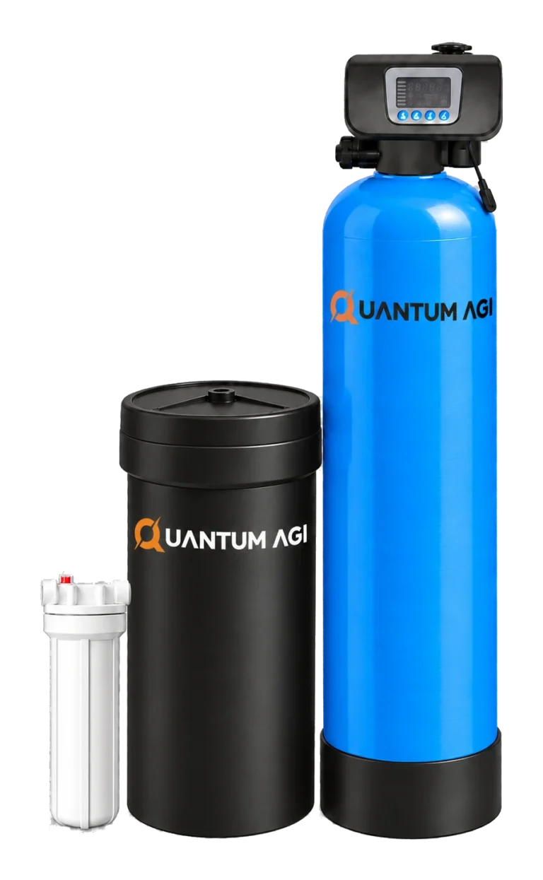 Quantum AGI automatic water softener with a white sediment pre-filter housing, black brine tank and blue FRP vessel