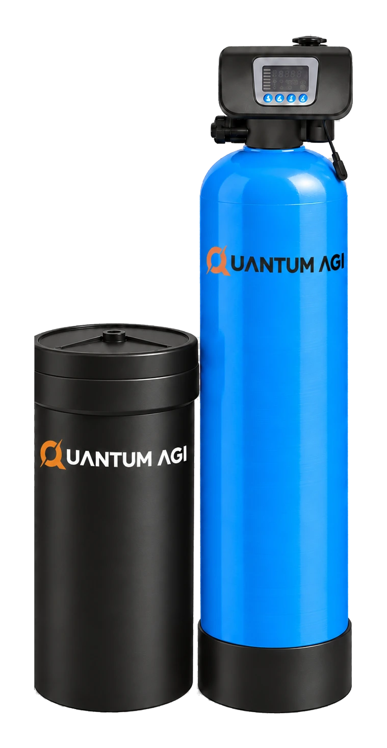 Quantum AGI automatic water softener: blue FRP vessel with a digital control valve beside a black brine tank, both with the Quantum AGI logo