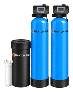 Quantum AGI twin-vessel automatic system: filter and softener vessels with digital control valves, black brine tank and pre-filter housing