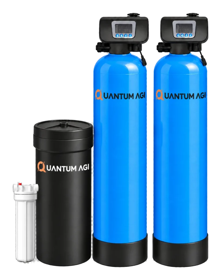 Quantum AGI twin-vessel automatic system: filter and softener vessels with digital control valves, black brine tank and pre-filter housing
