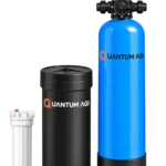 Quantum AGI manual water softener: blue FRP vessel with a hand-operated multiport valve, black brine tank and sediment pre-filter