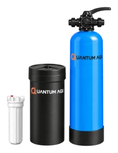 Quantum AGI manual water softener: blue FRP vessel with a hand-operated multiport valve, black brine tank and sediment pre-filter