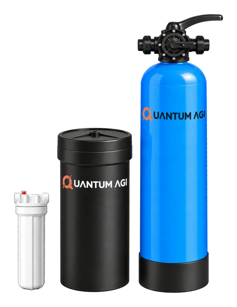 Quantum AGI manual water softener: blue FRP vessel with a hand-operated multiport valve, black brine tank and sediment pre-filter