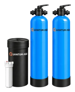 Quantum AGI twin-vessel manual system: filter and softener vessels with manual multiport valves, black brine tank and pre-filter housing