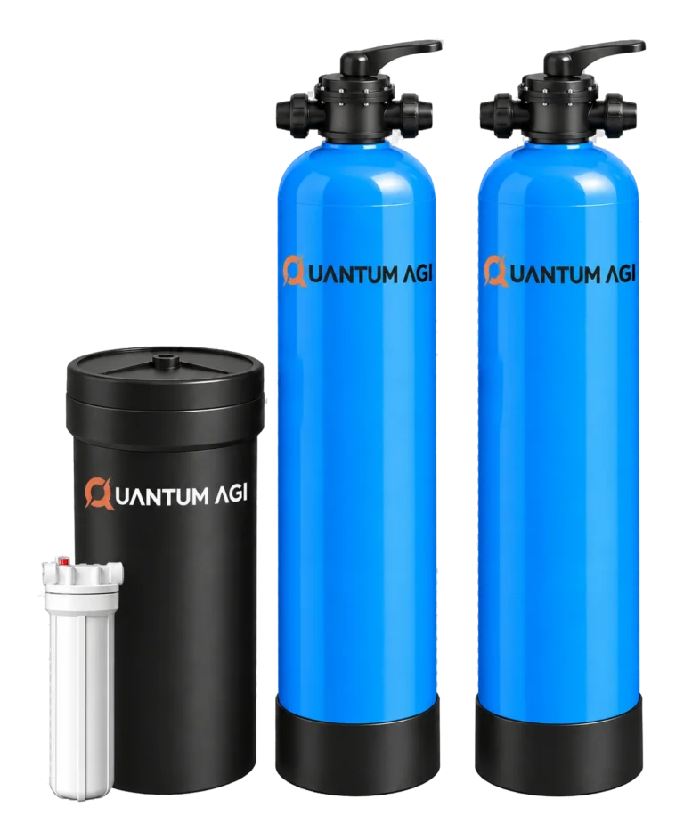 Quantum AGI twin-vessel manual system: filter and softener vessels with manual multiport valves, black brine tank and pre-filter housing
