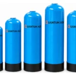 Quantum AGI blue FRP pressure vessels in five sizes