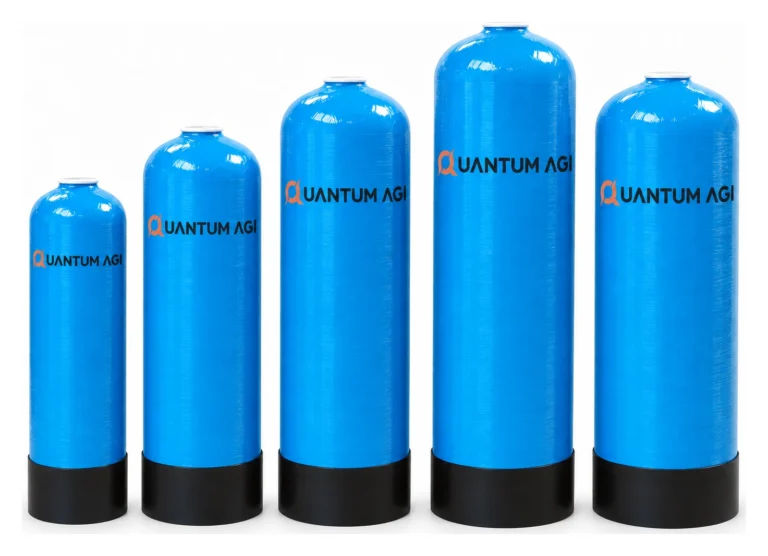 Quantum AGI blue FRP pressure vessels in five sizes